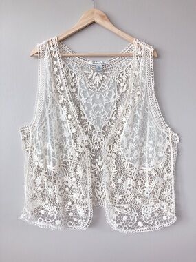 Crochet Lace Open Front Vest Women's Top Country Western Boho
